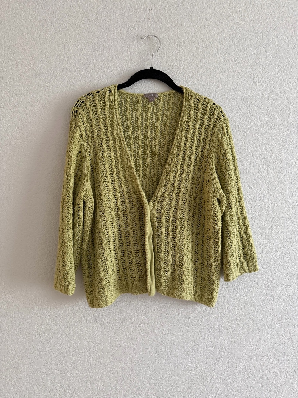 J Jill green chartreuse crochet cotton linen cardigan Cottagecore Lagenlook L